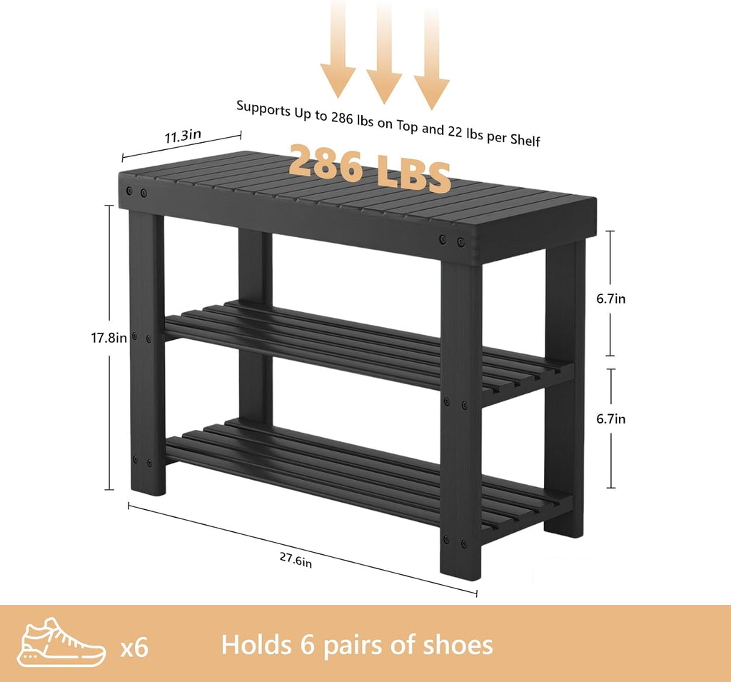 NEWBULIG Shoe Rack Bench, 3-Tier Bamboo Shoe Organizer, Wooden Entryway Storage Bench, 286 lb Load Capacity, 11.2x27.6x17.9 Inches, for Entryway Bathroom Bedroom Balcony, Black