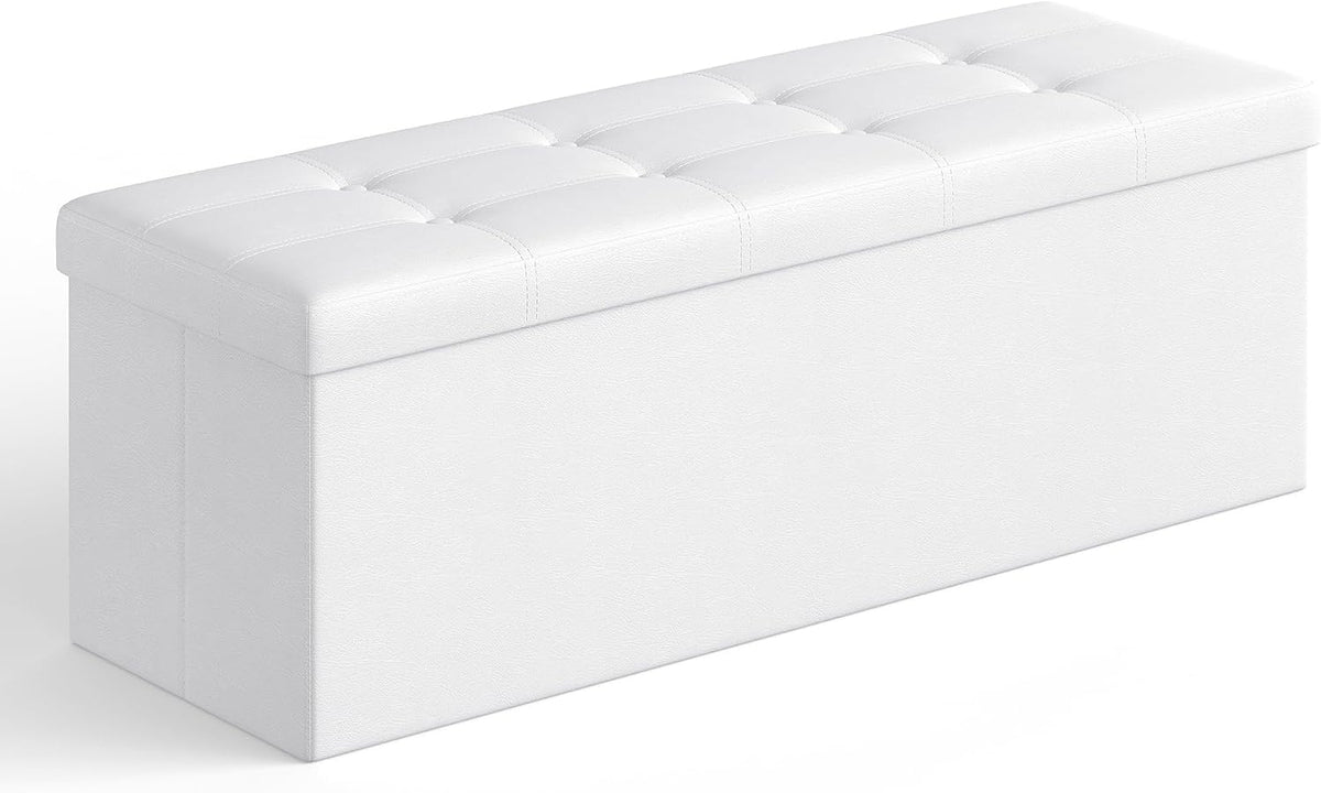 SONGMICS Storage Ottoman Bench, 43.3 Inches Folding Foot Rest Stool | PU Leather, Easy Assembly, for Living Room, Bedroom, Entryway, Cream White, MINOTA Collection ULSF702