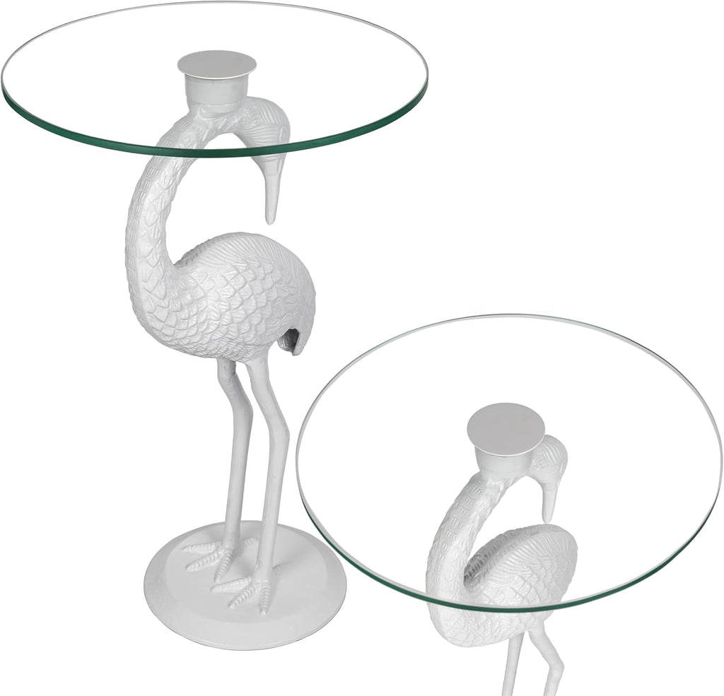 JONATHAN Y Blanche 25" White Iron and Glass Flamingo End Table with Sculptural Base, Round Accent Side Table for Living Room, Bedroom, Coastal Decor, White END1006C