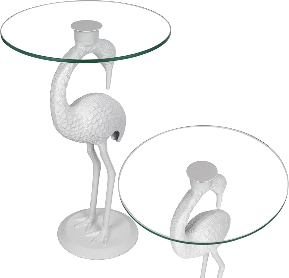 JONATHAN Y Blanche 25" White Iron and Glass Flamingo End Table with Sculptural Base, Round Accent Side Table for Living Room, Bedroom, Coastal Decor, White END1006C