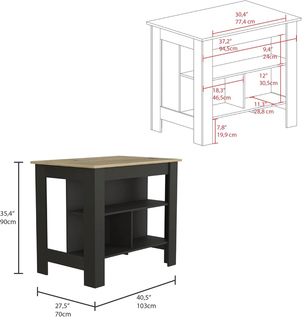 Kitchen Island with Four Legs and Three Shelves - Black/Light Oak | Three shelves and four legs for stable support and ample storage