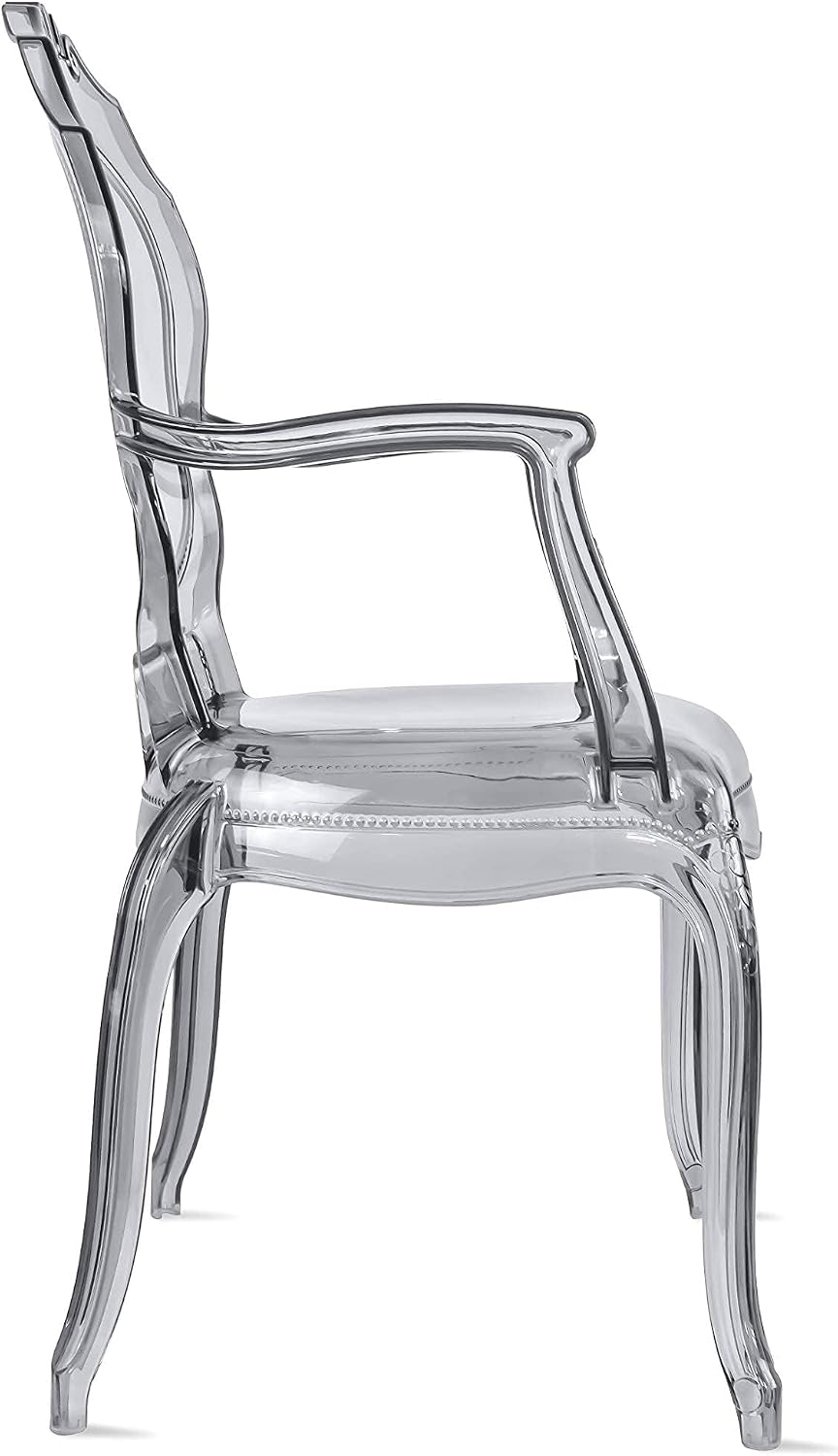 2xhome Stackable Ghost Dining Chair | Transparent Vanity Armchair | Louis Belle Style Kitchen Patio Chair Parent (2, Smoke, Armchair)