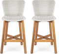 Saiveina Lymington Outdoor Bar Stool, Teak Finished Wood with Light Grey Wicker, Set of 2