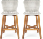 Saiveina Lymington Outdoor Bar Stool, Teak Finished Wood with Light Grey Wicker, Set of 2