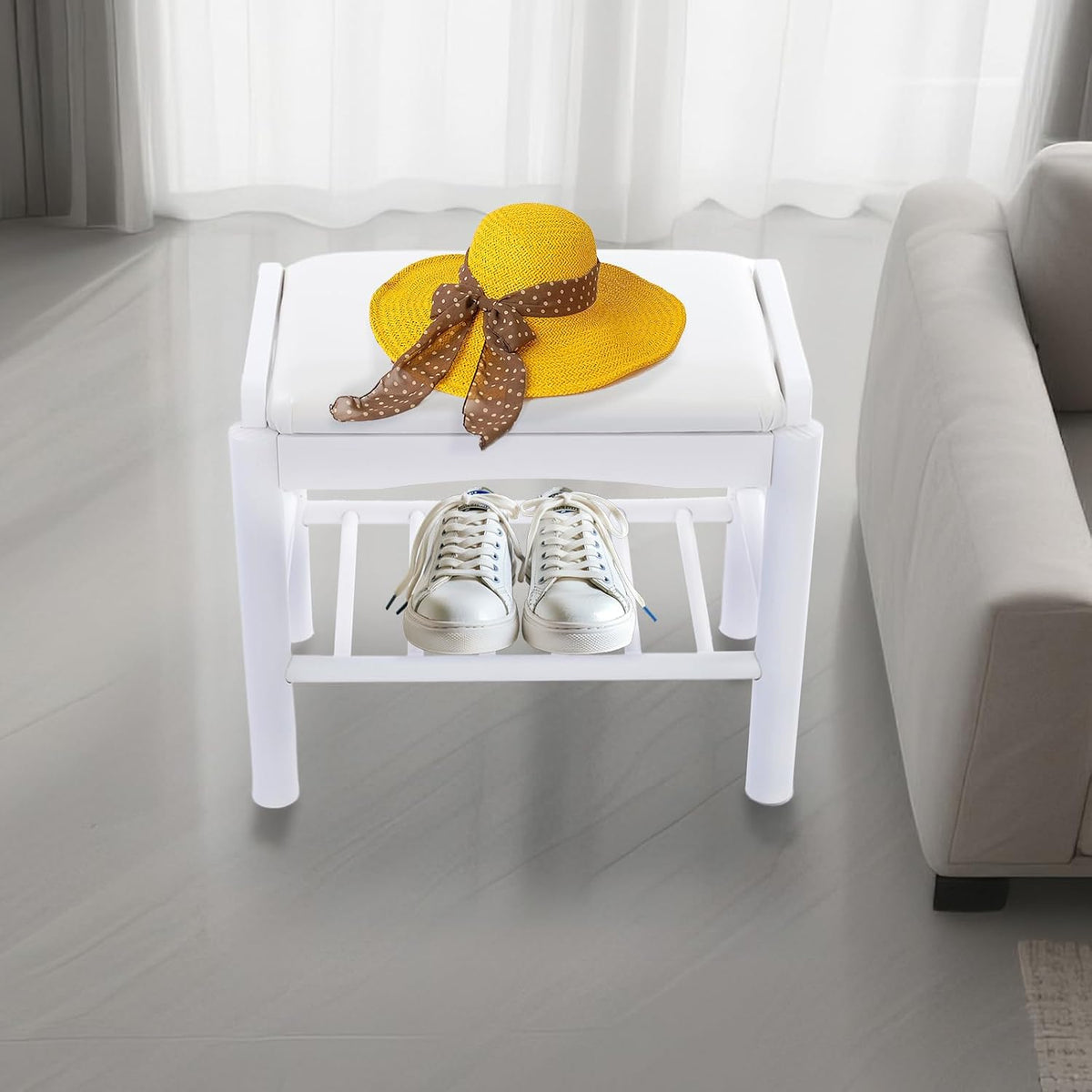 Shoe Bench with Cushion, 2-Tier Bamboo Shoe Rack Bench, Entryway Shoe Storage Organizer with Compartment, Wooden Shoe Storage Bench for Hallway, Living Room, Closet, Bedroom (White)