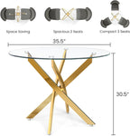 Zevemomo 35.5" Glass Dining Table for 4, Round Coffee Table with Tempered Glass Top Gold Mental Legs, Modern Circle Glass Dinner Kitchen Table for Apartment Home Office
