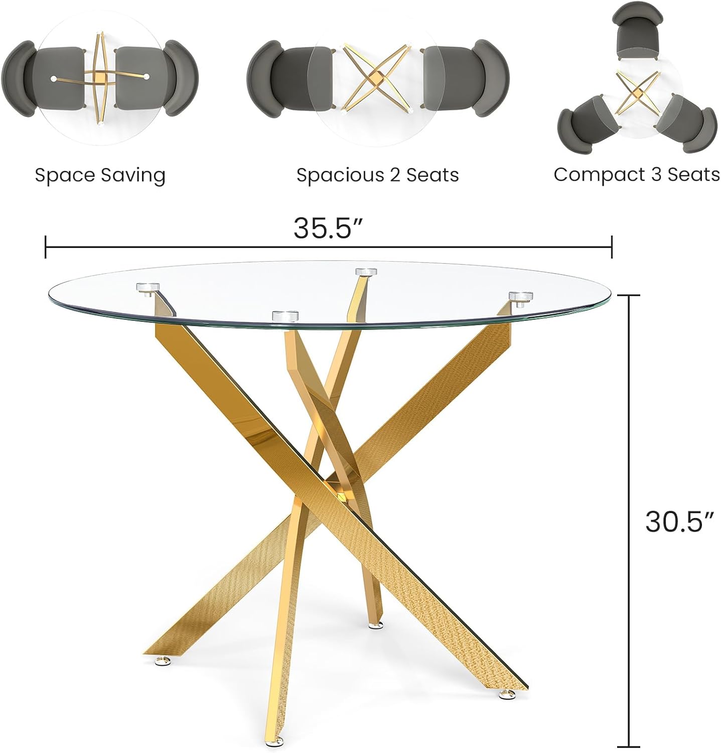 Zevemomo 35.5" Glass Dining Table for 4, Round Coffee Table with Tempered Glass Top Gold Mental Legs, Modern Circle Glass Dinner Kitchen Table for Apartment Home Office