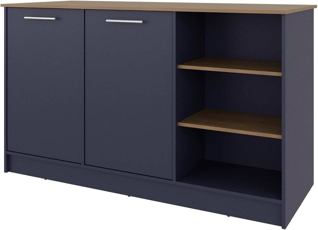 Kitchen Island with 2 Doors and 7 Shelves Alby Blue/Natural Oak | Combines Alby Blue and Natural Oak finishes for modern warm aesthetic