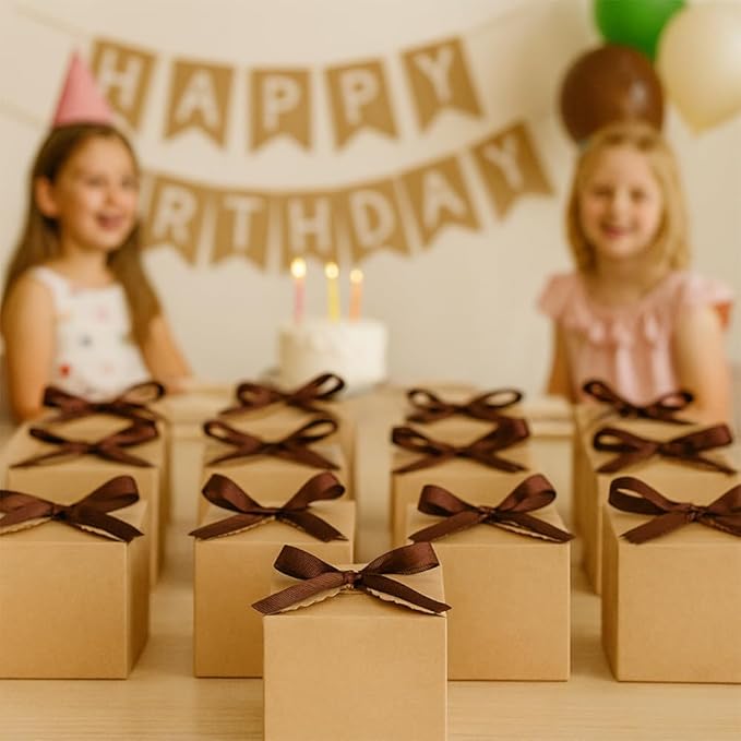 Brown Gift Boxes with Ribbon – 4x4x4" Foldable Paper Boxes with Lids, Set of 10, Eco-Friendly Small Kraft Present Boxes for Weddings, Holidays, Birthdays, Business Packaging