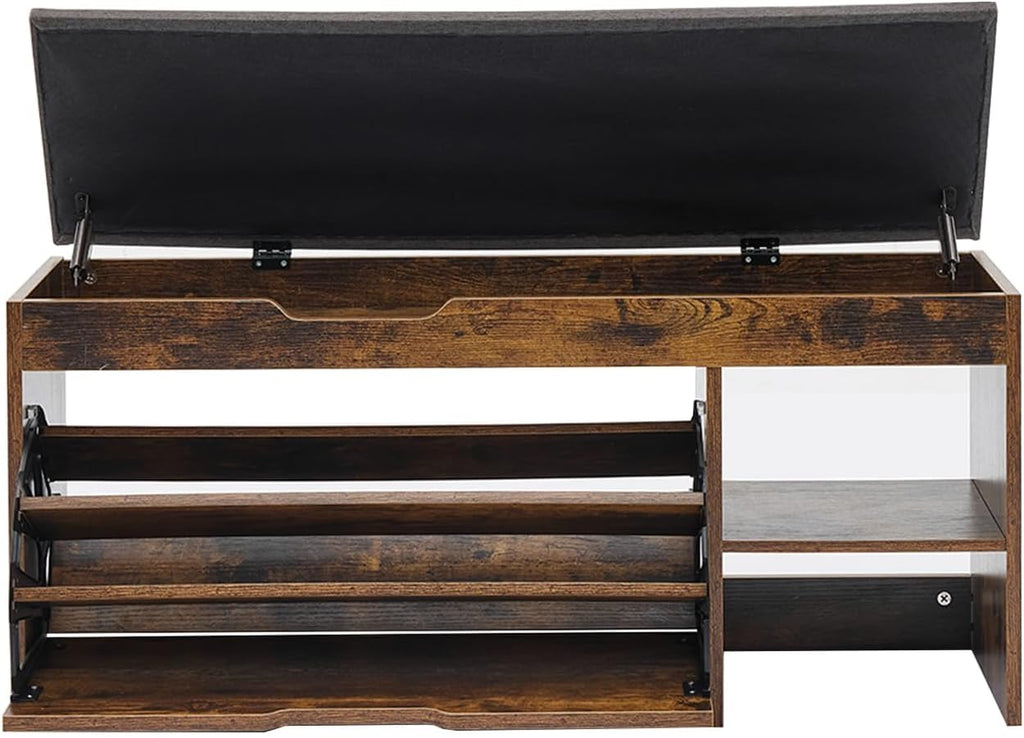 Shoe Storage Bench with Flip Drawers & Lift Top Storage Box, Entryway Bench with Seat Cushion, 3-Tier Short Shoe Cabinet with Adjustable Shelves for Entryway, Hallway, Living Room, Mudroom, Brown