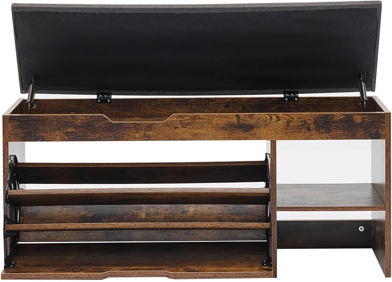 Shoe Storage Bench with Flip Drawers & Lift Top Storage Box, Entryway Bench with Seat Cushion, 3-Tier Short Shoe Cabinet with Adjustable Shelves for Entryway, Hallway, Living Room, Mudroom, Brown