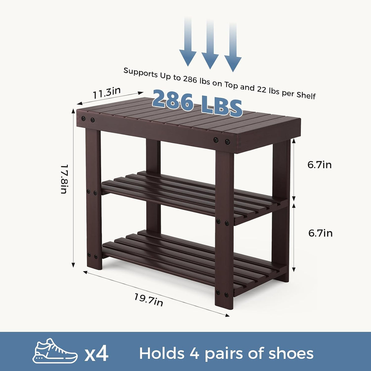 DUMOS Wooden Shoe Rack Bench with Storage, 3-Tier Bamboo Entryway Benches, Shoe Rack Holds Up to 286 lb Storage Organizer, 11.3 x 19.7 x 17.8 Inches, Suitable for Bedroom Living Room Balcony, Brown