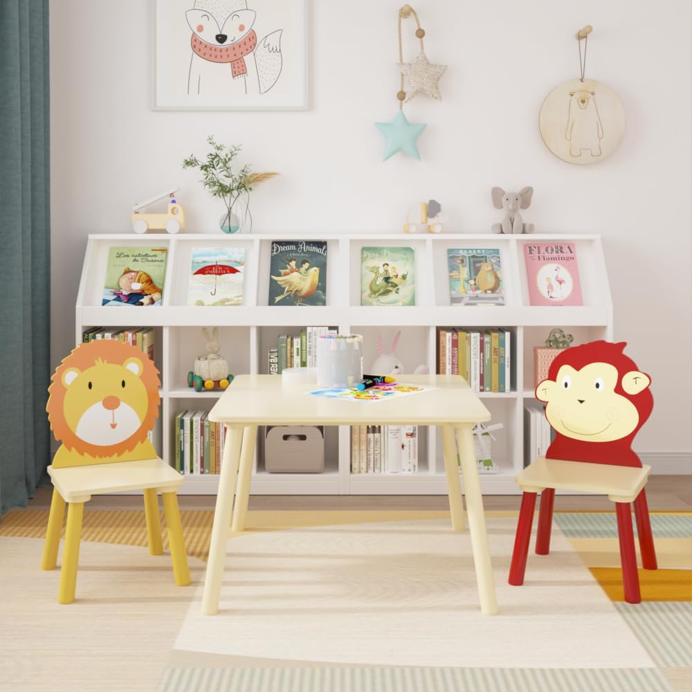 Kids Table and 2 Chairs Set, 3 Pieces Toddler Table and Chair Set, Wooden Activity Play Table Set (Lion&Monkey) (Yellow + Red)