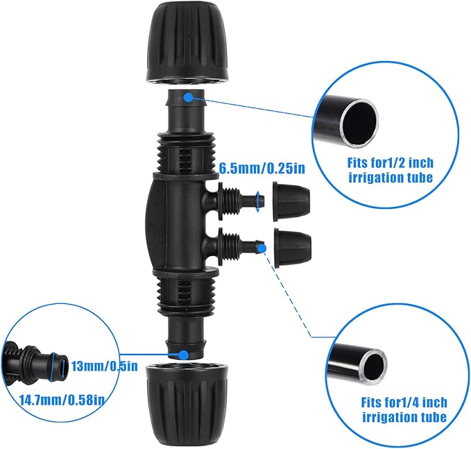 1/2 Inch to 1/4 Inch Tubing Irrigation Fittings for (1/2'' ID x 0.60''-0.63'' OD) 16mm Drip Tubing,Locked Barbed Tee Connectors (10 Pcs Barbed Tee 4-Way)
