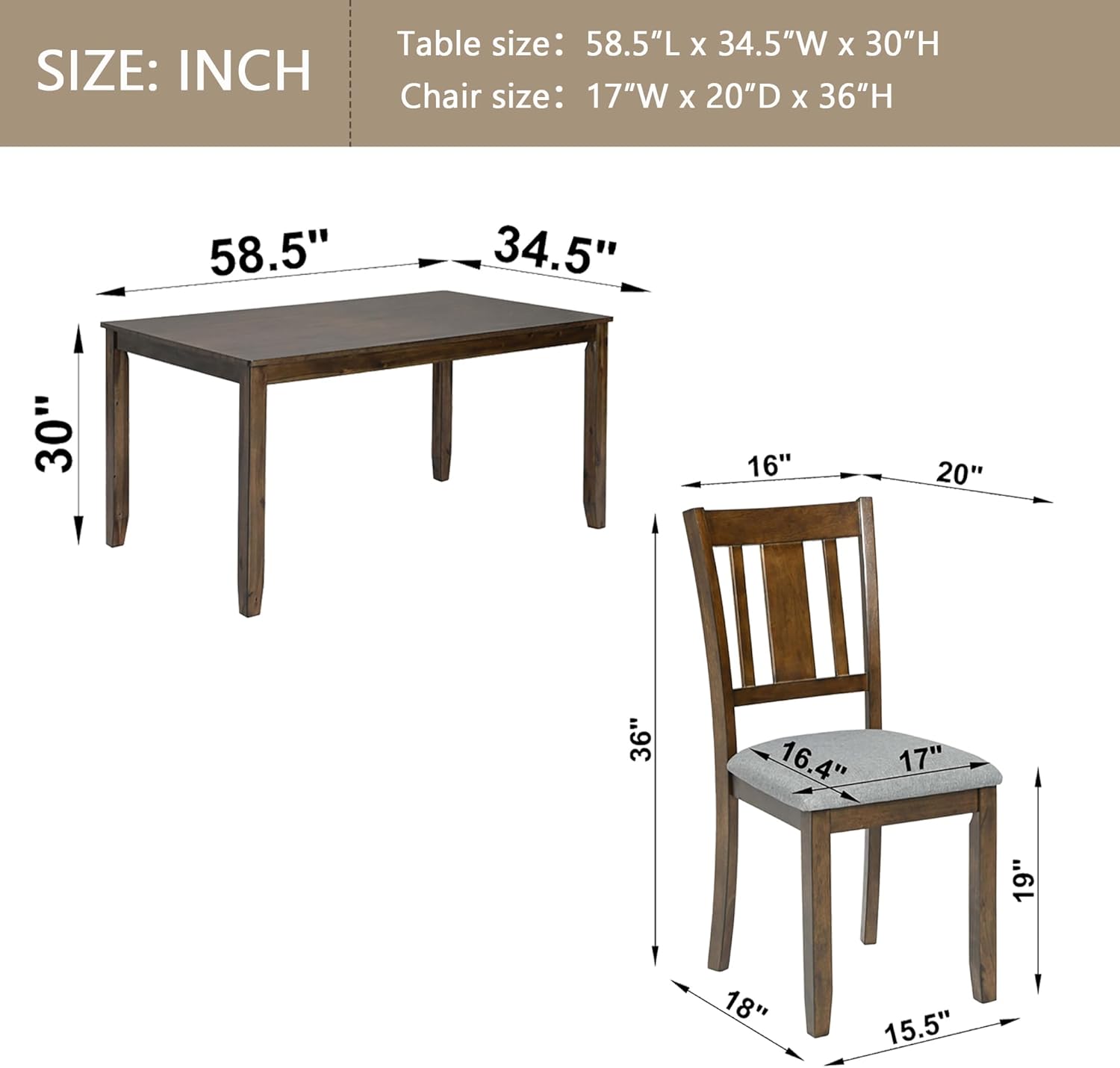 7-Piece Dining Table Set, Counter Height Kitchen Set with Rectangular Table & 6 Slatted Backrest Upholstered Chairs, Farmhouse Dining Room Furniture, Wooden Table & Chair for Home, Walnut