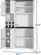 GarveeHome 71 Inch Tall White Kitchen Pantry Cabinet, Modern Farmhouse Kitchen Hutch Storage Cabinet with Wine Rack, Freestanding Coffee Bar Station with Storage for Dining Room, Living Room