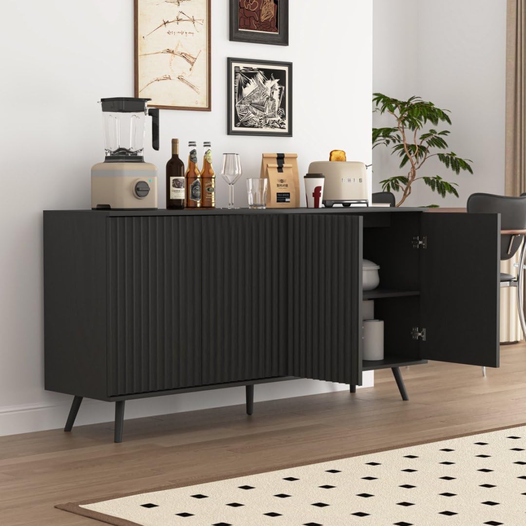 59" Buffet Cabinet with Storage, Modern Kitchen Buffet Sideboard with 4 Doors, Wood Coffee Bar with Adjustable Shelves, Kitchen Storage Cabinet with Adjustable Legs for Living Room (Black)