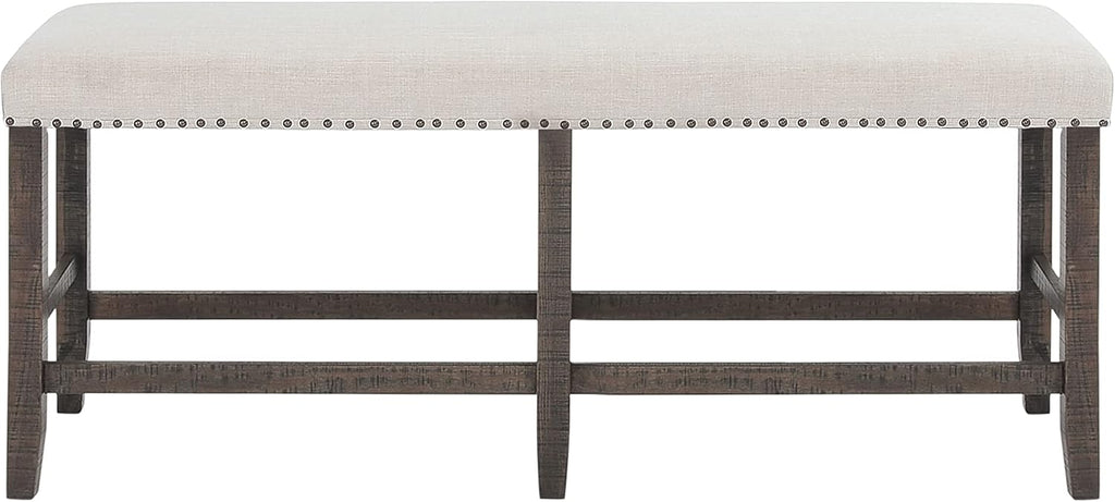 Jofran Willow Creek Distressed Pine Counter Height Dining Bench, Rustic Upholstered Bench for Dining Room Kitchen, Cream Fabric and Brown Wood