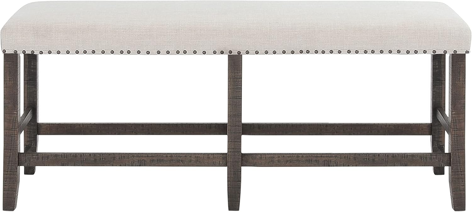 Jofran Willow Creek Distressed Pine Counter Height Dining Bench, Rustic Upholstered Bench for Dining Room Kitchen, Cream Fabric and Brown Wood