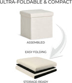 Luxe Go-Poufs Faux Fur Boucle Storage Ottoman, White, 15x15x15 in | Knock-Down Assembly, No Tools Required, Folding Flat Design, Hidden Compartment, Teddy Texture