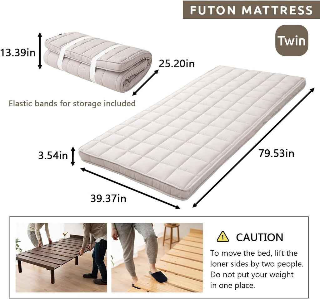 EMOOR Japanese Futon Mattress & Wood Slatted Bed Set Machi-OSMOS Twin (Earth-Natural), Solid Pine 3-Heights Adjustable Easy-Assemble Japanese Sleeping Bed Tatami Mat