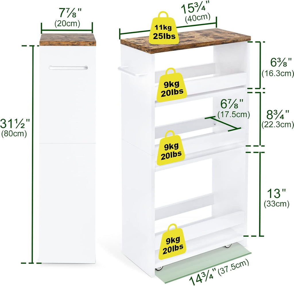 TEAMIX Slim Rolling Storage Cart, Wood 4-Tier Narrow Kitchen/Laundry Cart | 7.9"W Thin Cabinet with Wheels and Handle, Use as Spice Rack Next to Fridge, Laundry Room Organization Between Washer & Dryer