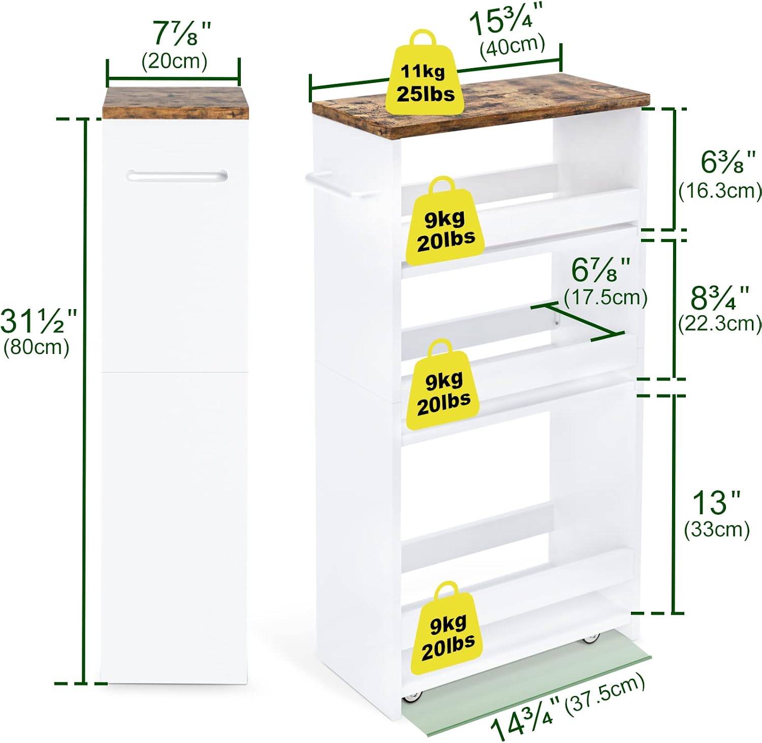 TEAMIX Slim Rolling Storage Cart, Wood 4-Tier Narrow Kitchen/Laundry Cart | 7.9"W Thin Cabinet with Wheels and Handle, Use as Spice Rack Next to Fridge, Laundry Room Organization Between Washer & Dryer
