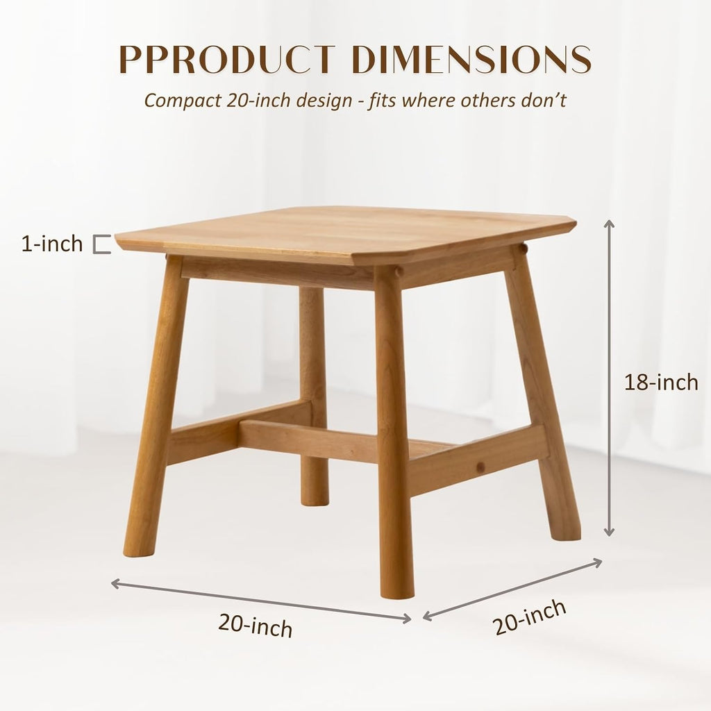 HEAH-YO Natural Wood End Table, 20" Farmhouse Side Coffee Table for Small Space, Space-Saving Nightstand for Living Room Bedroom Dorm, 20" W x 20" D x 18" H