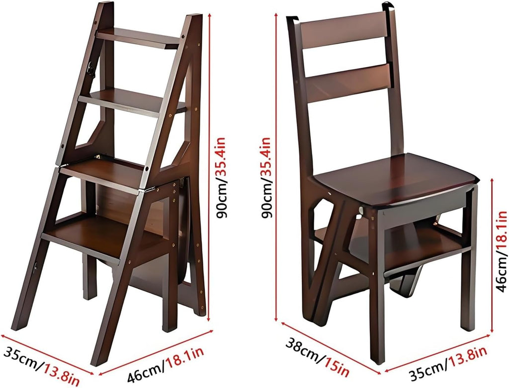 Aimery Library Ladder Chair, 2 in 1 Portable 4-Step Ladders, Wood Foldable Stool for Home, Library, Office(Dark Walnut,A)