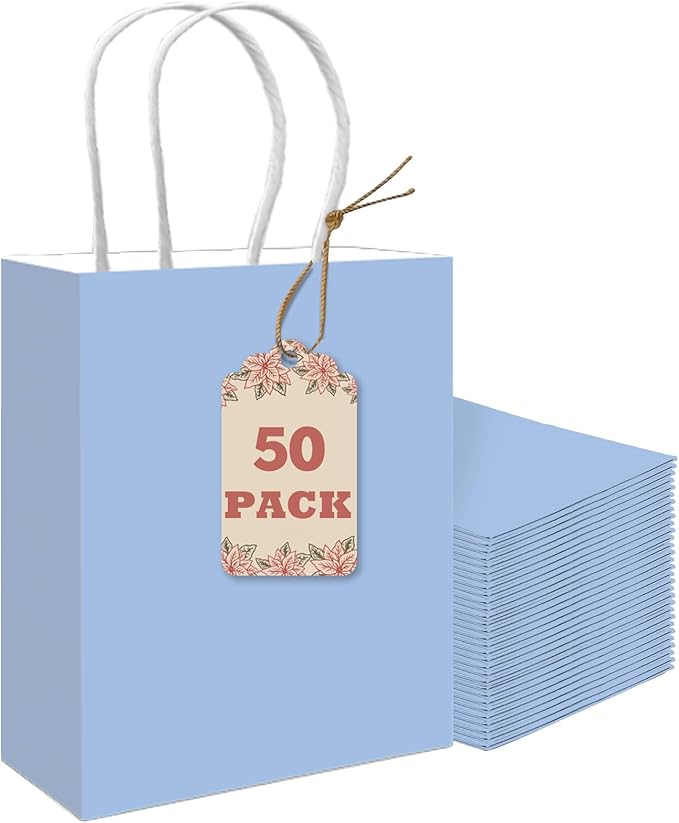 qiqee 50-Packs Gift Bag with Handles Bulk Light Blue Paper Bags Multiple Uses (8.3"x3"x6" Small Size)