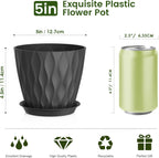 5 inch Plant Pots for Indoor Outdoor Plants, 6 Pack Thick Nursery Pots with Drainage Holes and Saucers, 3D Modern Wave Texture Small Plastic Planter Flower Pots for Succulent, Herb, Black