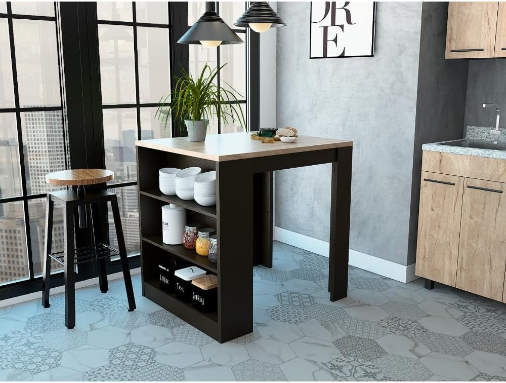 3-Drawer Kitchen Island Wenge and Pine with Particle Board | Modern kitchen island with 3 drawers and open shelves for organized storage