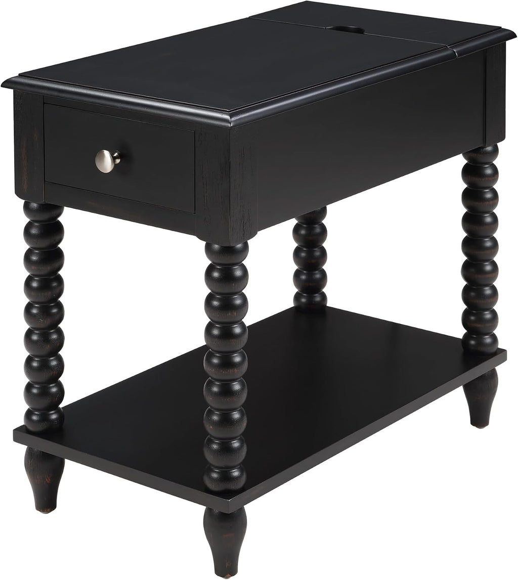 Solid Wood End Table with Charging Station & Drawer Shelf - Handcrafted Spindle Legs Accent Table for Living Room, Bedroom - Sturdy Multifunctional Nightstand, Farmhouse & Modern Décor (Easy Assembly)
