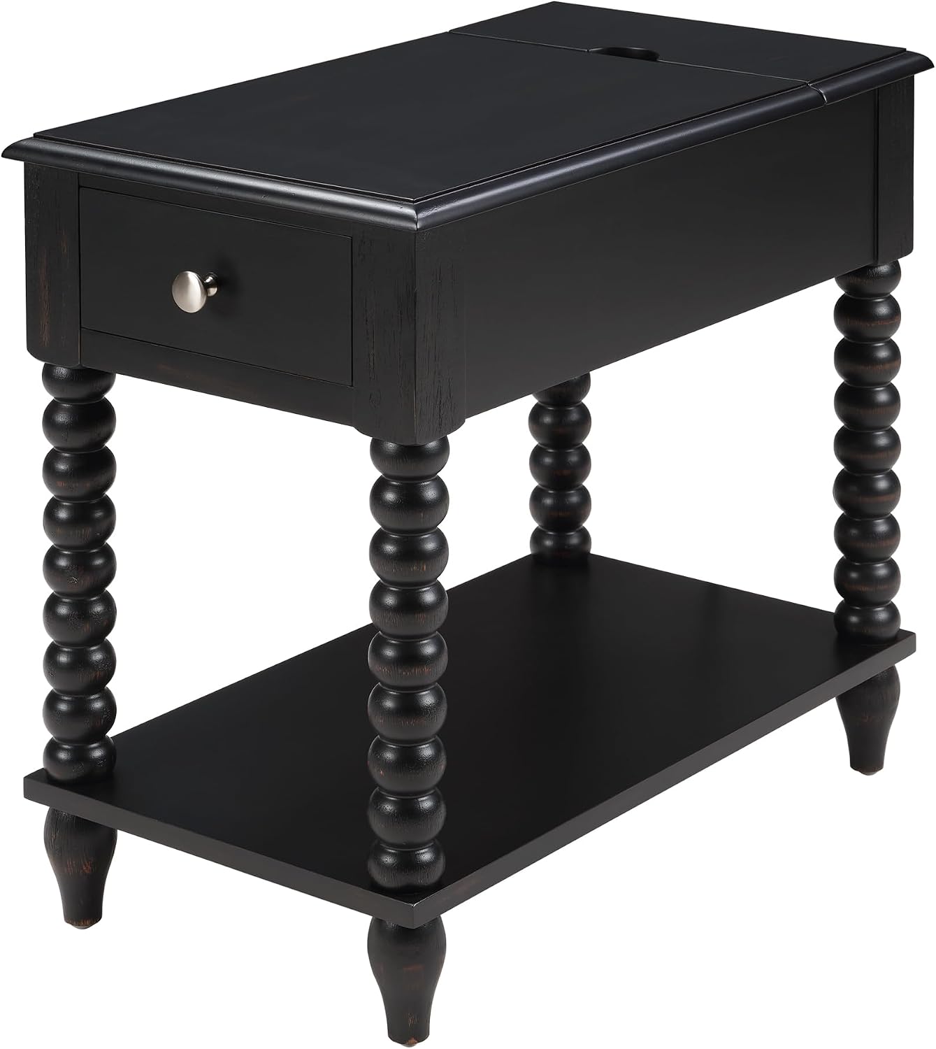 Solid Wood End Table with Charging Station & Drawer Shelf - Handcrafted Spindle Legs Accent Table for Living Room, Bedroom - Sturdy Multifunctional Nightstand, Farmhouse & Modern Décor (Easy Assembly)