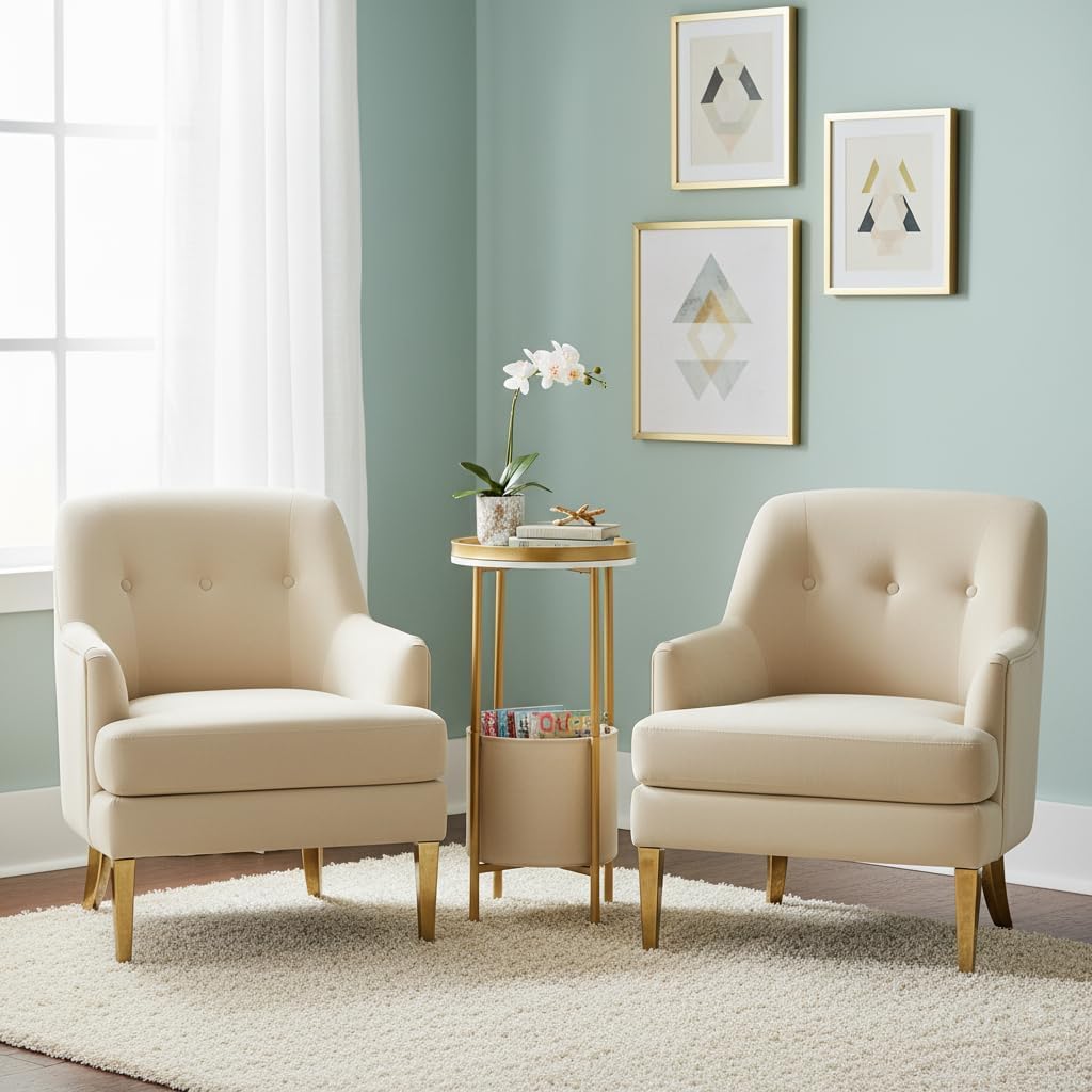 Small Round Side Table with Storage Basket, 2-Tier Round End Table for Living Room & Bedroom, 26" Tall Nightstand Modern Sofa End Table for Small Spaces (White Gold)