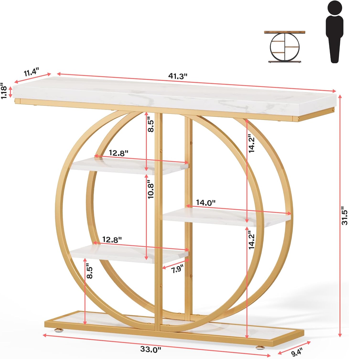 LIFECHOVY 41.3" Console Table for Entryway, Industrial Hallway Sofa Table with Storage Shelves, Narrow Accent Decor Living Room Furniture with Circle Base for Foyer, Entrance, White Gold