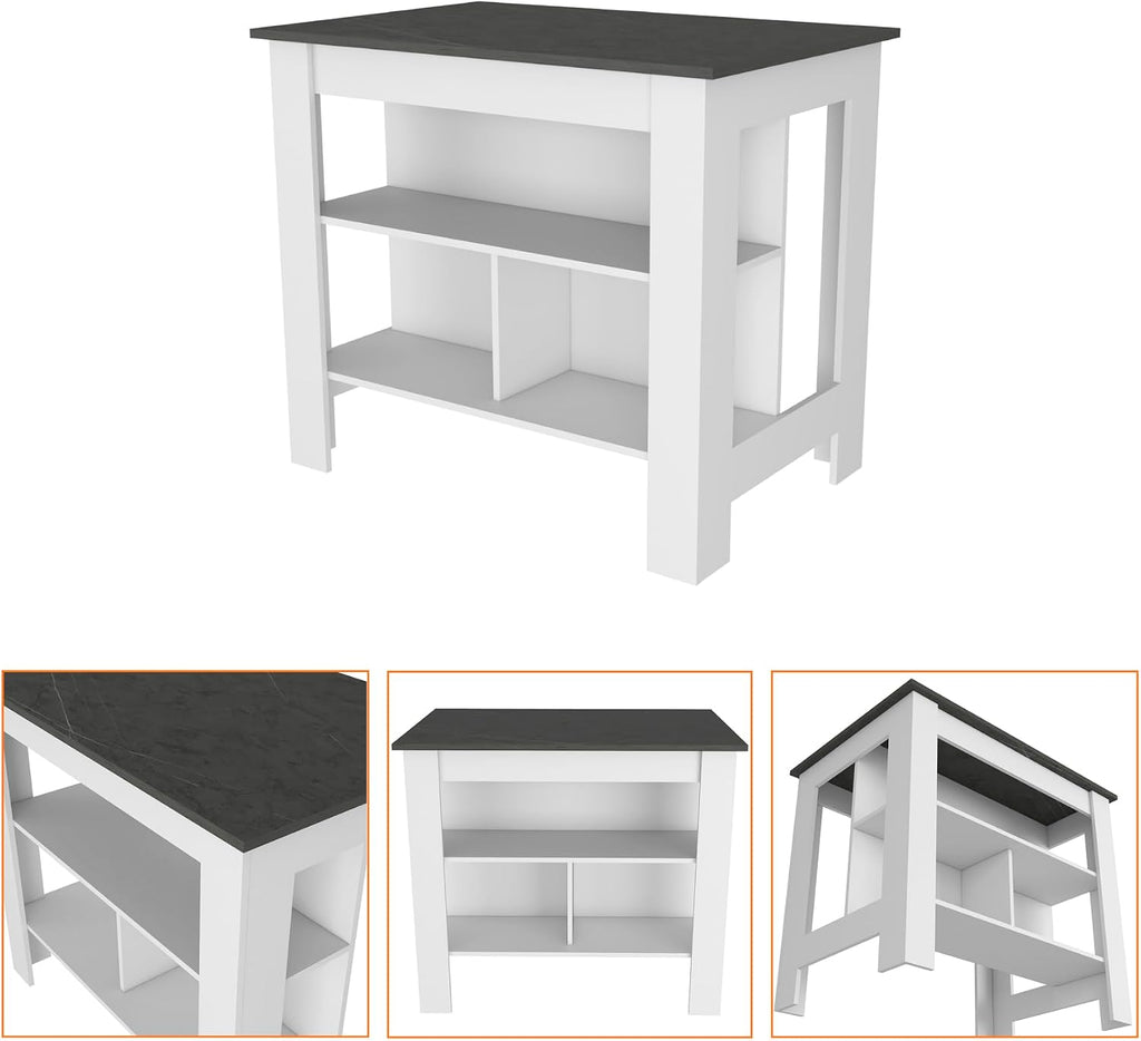 Kitchen Island with Three Shelves, White and Onyx Finish | Three storage shelves with varying dimensions for organized kitchen storage