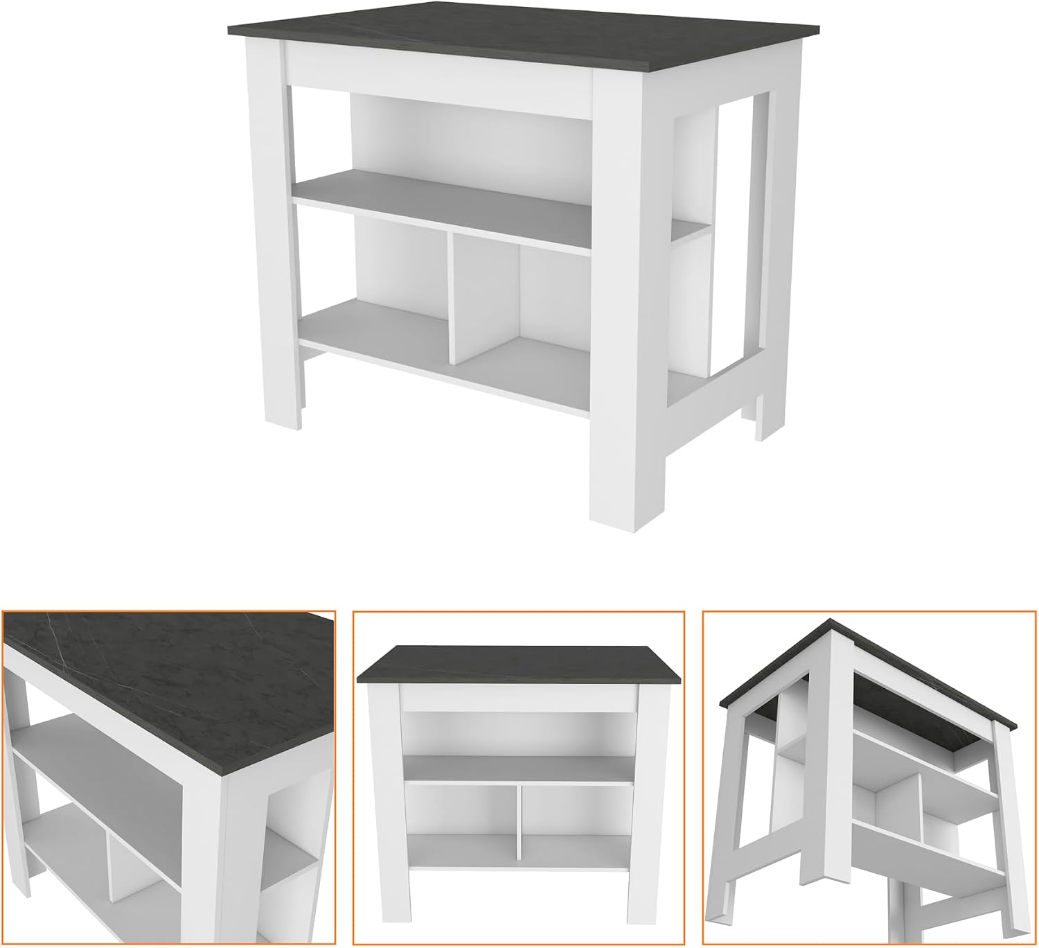 Kitchen Island with Three Shelves, White and Onyx Finish | Three storage shelves with varying dimensions for organized kitchen storage