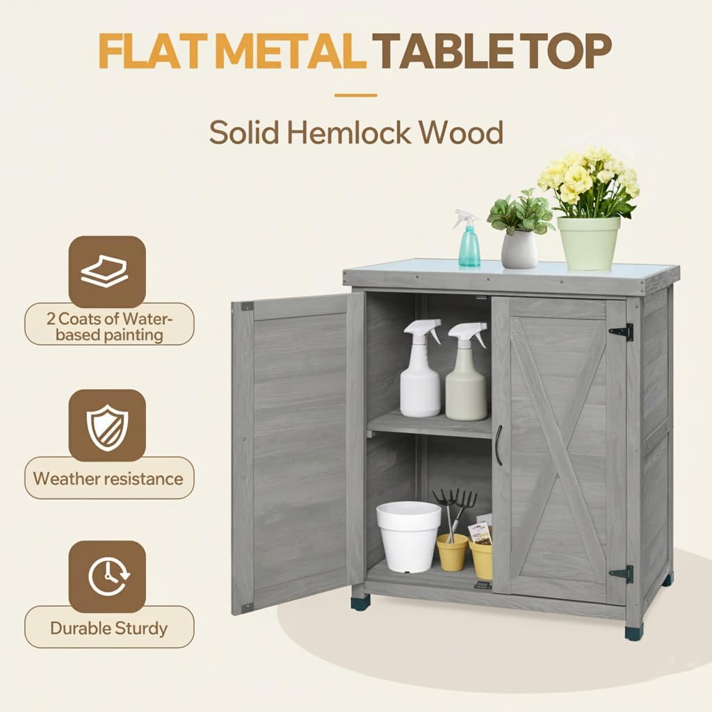 31" Weatherproof Small Storage Cabinet, Storage Cabinets with Water-Based Paint, Tool Cabinet with Magnetic Door for Patio & Garage, Gray