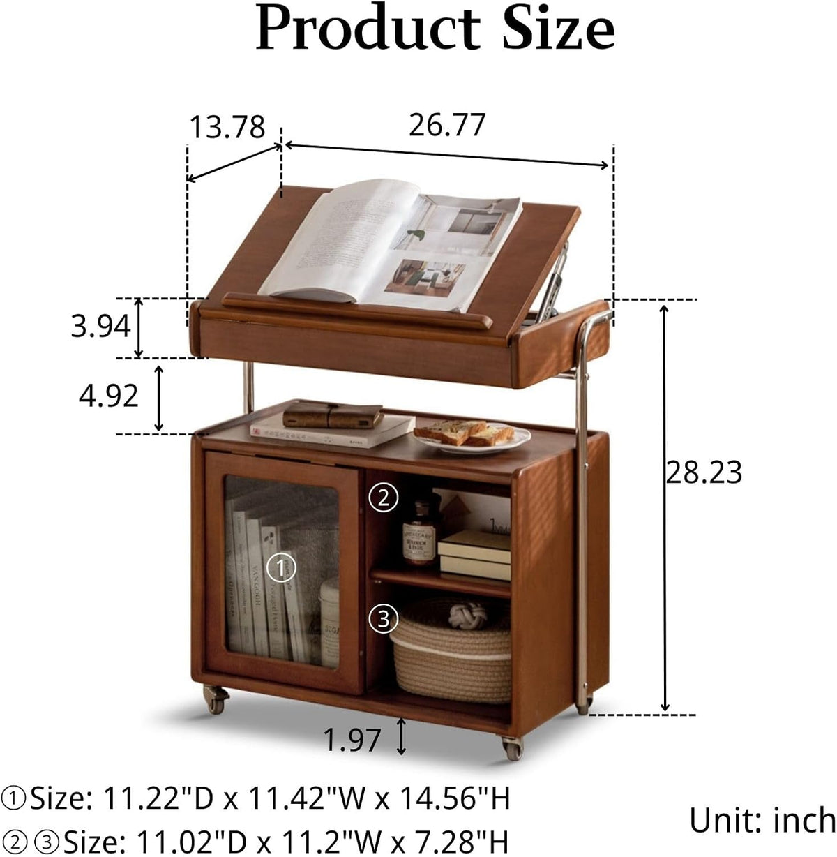 Solid Wood Storage Cabinet with Wheels, Lift Side Table with Adjustable Angled Countertop, Removable End Tables Storage Shelves for Living Room and Bedroom