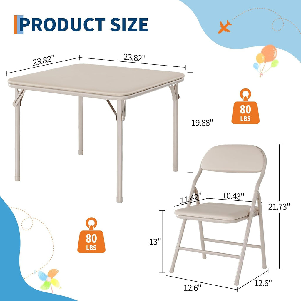 Kids Folding Table and Chairs Set – Upholstered PU Leather, Lightweight Metal Frame, Soft Cushions, Perfect for Dining, Crafts, Playroom – 3 Piece, Beige, 1 Table + 2 Chairs