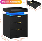 knoworld LED Nightstand with Charging Station & USB Ports, 3-Drawer Bedside Table with Adjustable RGB LED Lights, High-Gloss Modern Nightstands for Bedroom, Black
