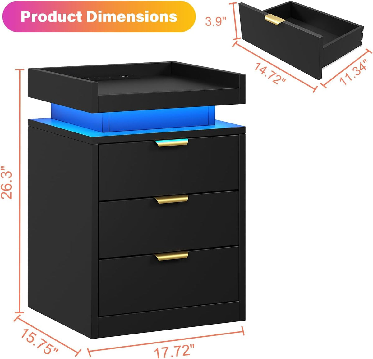knoworld LED Nightstand with Charging Station & USB Ports, 3-Drawer Bedside Table with Adjustable RGB LED Lights, High-Gloss Modern Nightstands for Bedroom, Black