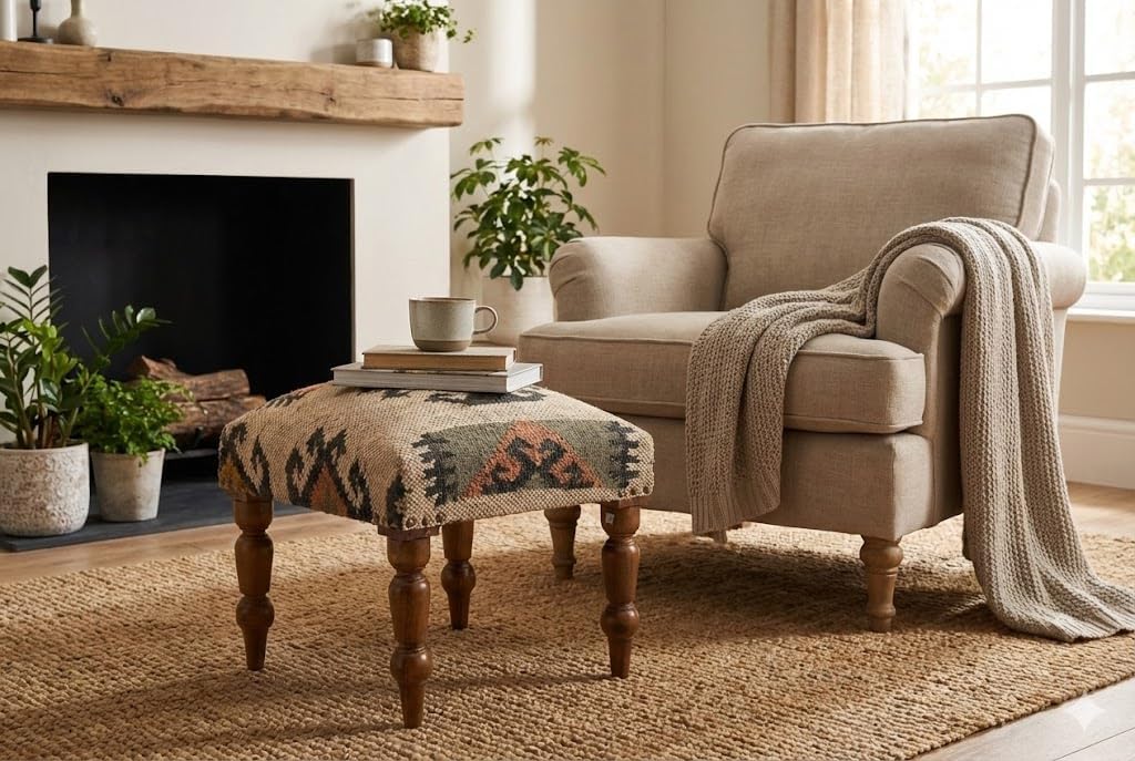 Handmade Jute Upholstered Ottoman Stool | Square Foot Rest with Wooden Legs | Decorative Accent Seating for Bedroom, Living Room, Entryway, Vanity & Hallway (Yellow-Beige)
