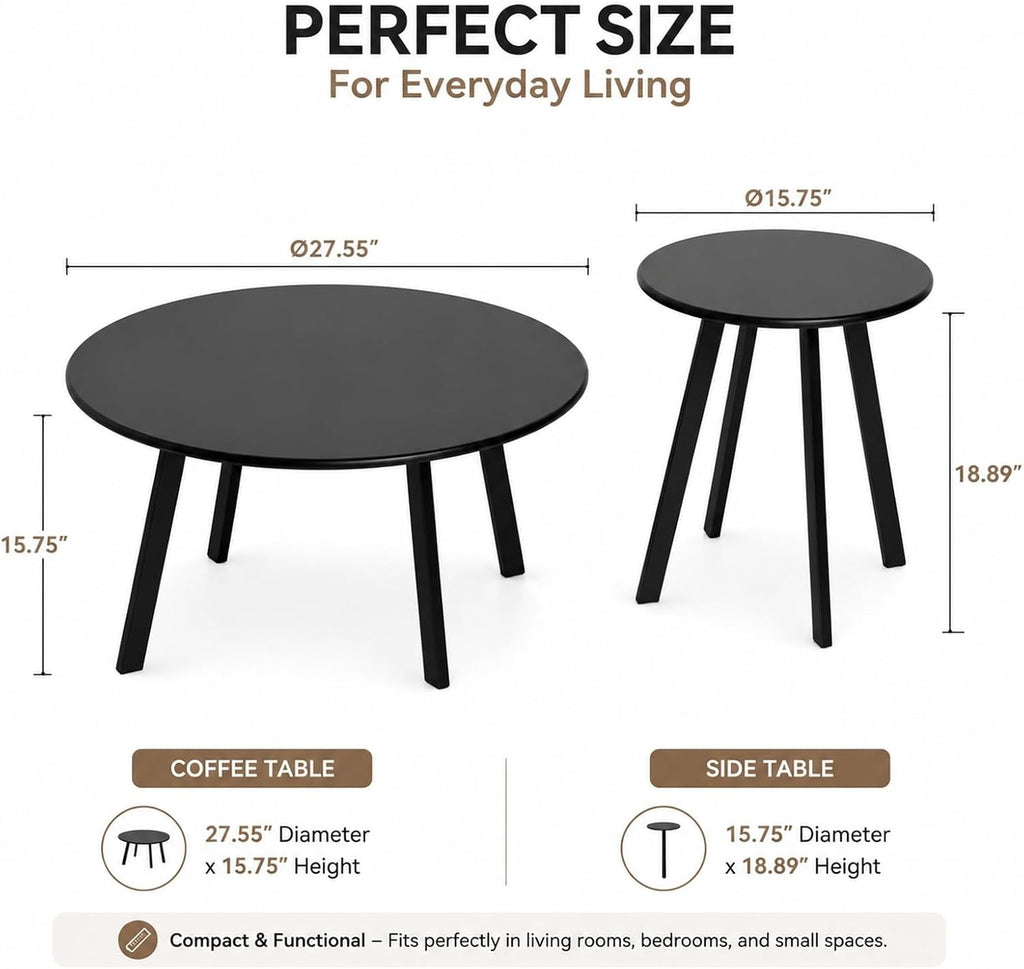 2-Piece Round Nesting Coffee & Side Table Set, Black Metal | Space-Saving Design, Non-Slip Foot Pads, Smooth Easy-Clean Top, Indoor & Outdoor Use, Sturdy Metal Frame