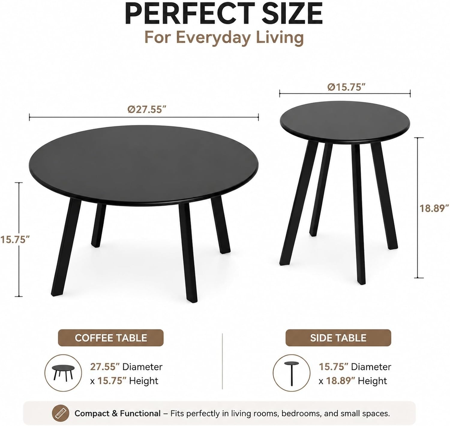 2-Piece Round Nesting Coffee & Side Table Set, Black Metal | Space-Saving Design, Non-Slip Foot Pads, Smooth Easy-Clean Top, Indoor & Outdoor Use, Sturdy Metal Frame
