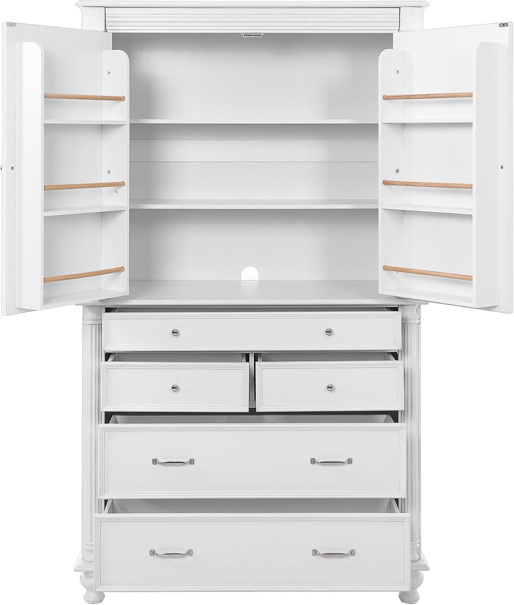 Freestanding Large Kitchen Pantry,Tall Storage Cabinet Cupboard with 6 Door Shelves, 2 Adjustable Shelves and 5 Drawers,for Dining Room (White-W)