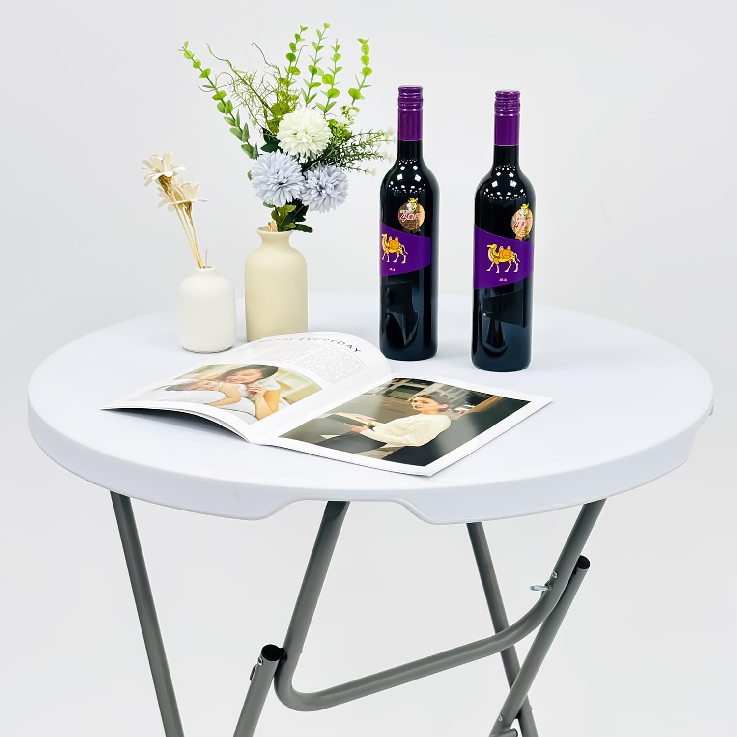 2 PCS - 31.5" L X 31.5" W X 43" H - Cocktail Table White High Top Folding Table, Portable Bar Height Folding Table Round with Detachable Gray Legs