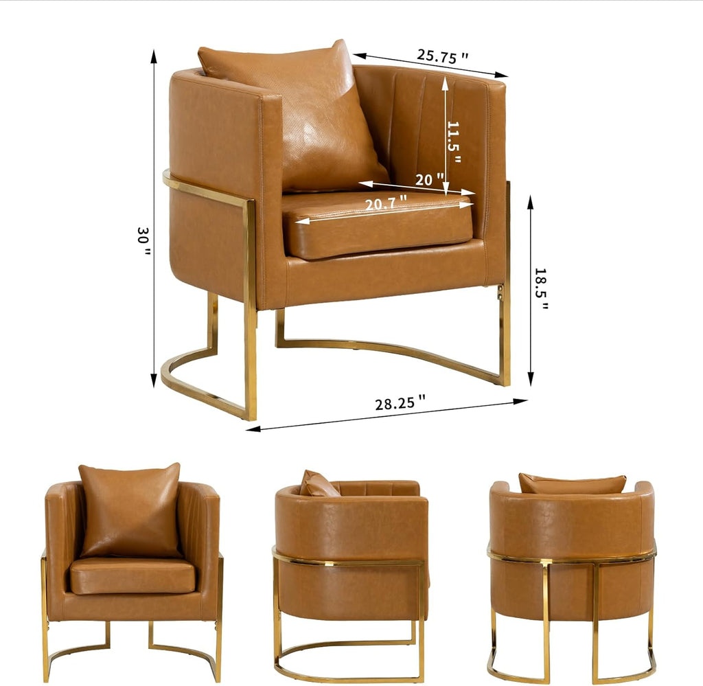 Leather Accent Chairs Set of 2, Mid Century Modern Upholstered Barrel Armchair with Pillow for Living Room, Comfy Single Vanity Chair with Metal Gold Legs for Bedroom, Orange