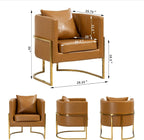 Leather Accent Chairs Set of 2, Mid Century Modern Upholstered Barrel Armchair with Pillow for Living Room, Comfy Single Vanity Chair with Metal Gold Legs for Bedroom, Orange